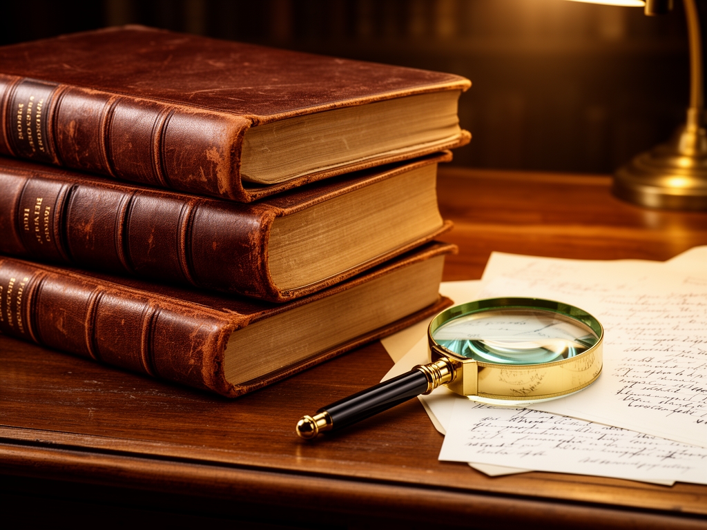 Vieux livres reliés en cuir brun empilés sur un bureau en bois antique, avec une loupe en verre et des notes manuscrites, lumière de bureau chaude et tamisée