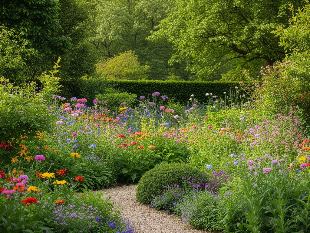 Jardin d'herbes aromatiques vu de dessus, rangées ordonnées de thym, romarin, lavande et basilic dans des pots en terre cuite sur une terrasse en pierre, lumière de fin de matinée