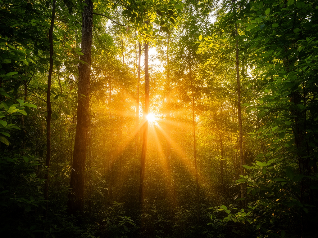 Forêt dense et lumineuse au lever du soleil, rayons dorés filtrant à travers les feuilles vertes d'une canopée luxuriante, sol recouvert de mousse et de fougères, atmosphère calme et enveloppante