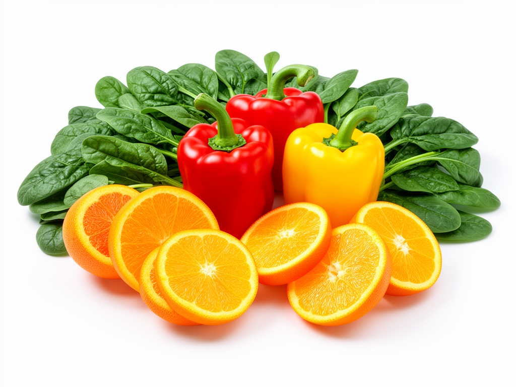 Assortiment de fruits et légumes colorés riches en vitamines — agrumes coupés, poivrons rouges et jaunes, épinards frais — disposés harmonieusement sur fond blanc