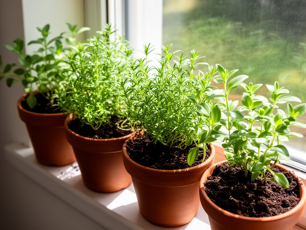 Petits pots de plantes aromatiques sur un rebord de fenêtre ensoleillé, herbes jeunes et vertes poussant dans de la terre sombre, lumière naturelle matinale
