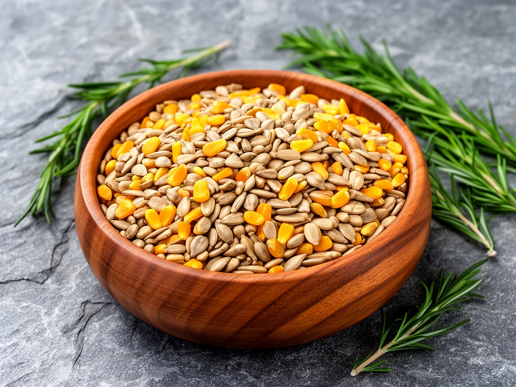 Bol en bois rempli de graines de tournesol et de citrouille dorées sur une surface en pierre naturelle grise, quelques herbes vertes fraîches disposées autour